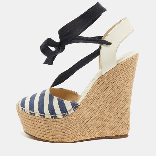 Two Tone Canvas and Leather Espadrille Wedge Ankle Tie Pumps Size 39 - Gucci - Modalova