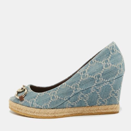 GG Denim Horsebit Peep Toe Wedge Pumps Size 36.5 - Gucci - Modalova