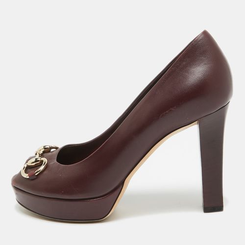 Leather Horsebit Peep Toe Platform Pumps Size 36.5 - Gucci - Modalova