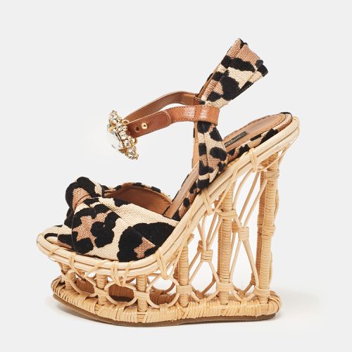 Black Leopard Print Straw Crystal Brooch Platform Sandals Size 36 - Dolce & Gabbana - Modalova