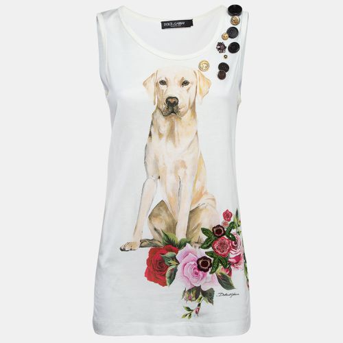 Dog-Floral Print and Embellished Cotton Tank Top S - Dolce & Gabbana - Modalova