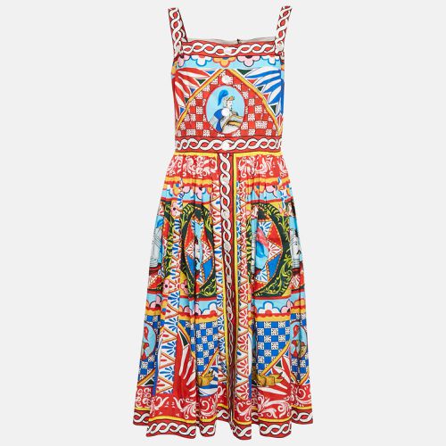 Blue Carretto Print Poplin Gathered Midi Dress L - Dolce & Gabbana - Modalova