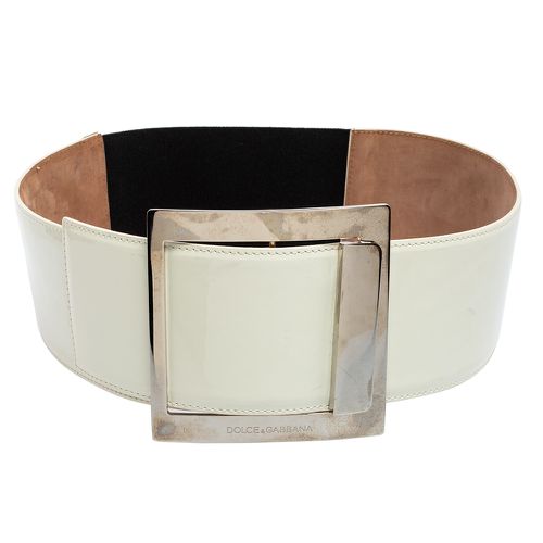 Black Patent Leather and Elastic Band Buckle Waist Belt 90CM - Dolce & Gabbana - Modalova