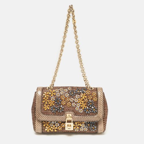 Raffia and Snakeskin Crystals Embellished Padlock Shoulder Bag - Dolce & Gabbana - Modalova