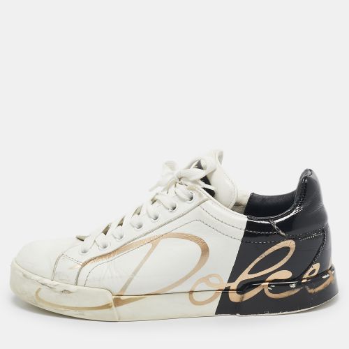 Black Leather and Patent Logo Print Portofino Sneakers Size 37 - Dolce & Gabbana - Modalova