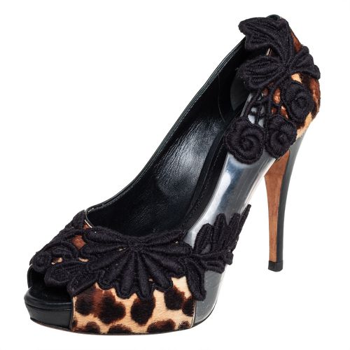 Brown Calf Hair And PVC Leopard Print Floral Embroidered Peep Toe Pumps Size 37.5 - Dolce & Gabbana - Modalova