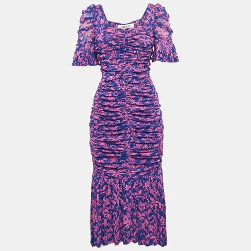 Pink/ Floral Print Stretch Mesh Ruched Dress S - Diane Von Furstenberg - Modalova