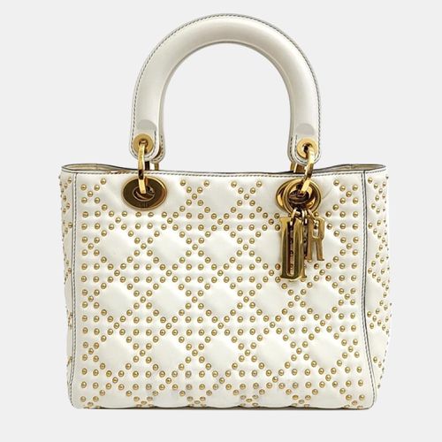 Christian Ivory Leather Studded Cannage Medium Lady Dioe Top Handle Bag - Dior - Modalova