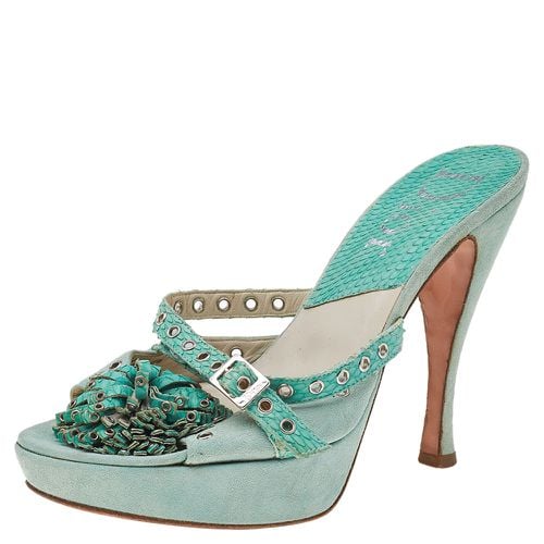 Aqua Suede And Python Embossed Leather Eyelet Detail Platform Slide Sandals Size 39 - Dior - Modalova