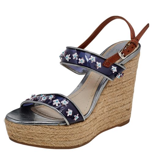 Brown PVC And Leather Flower Embellished Wedge Platform Espadrille Sandals Size 38.5 - Dior - Modalova