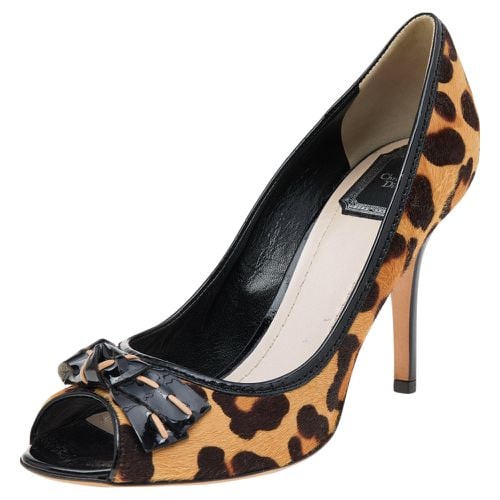 Black Leopard Print Calf Hair And Patent Leather Bow Open Toe Pumps Size 40 - Dior - Modalova