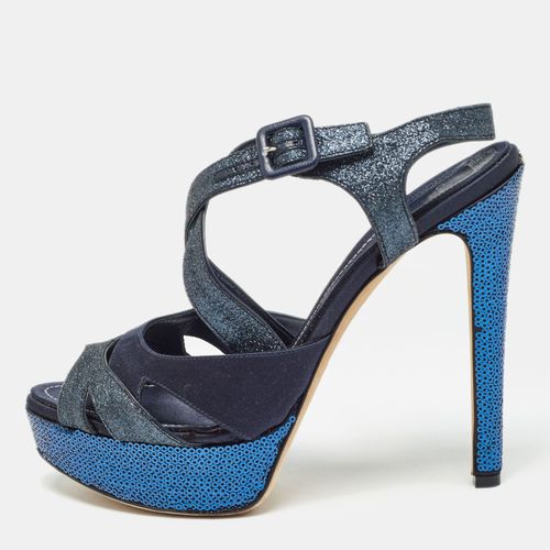 Blue Satin and Glitter Platform Ankle Strap Sandals Size 40 - Dior - Modalova