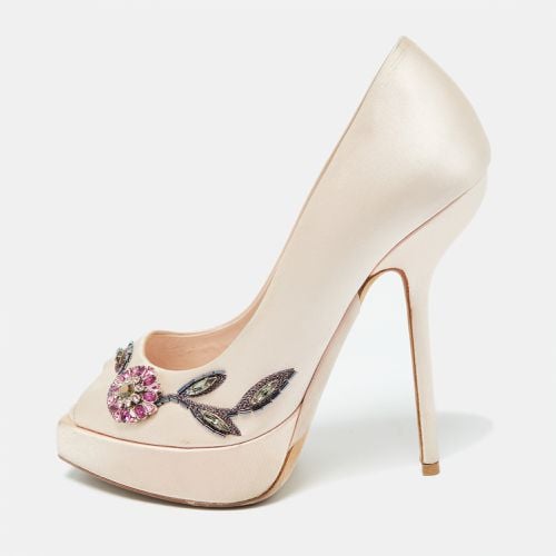 Peach Satin Embellished Peep Toe Platform Pumps Size 38 - Dior - Modalova