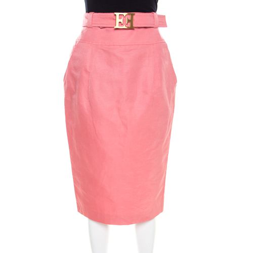 Slub Linen and Silk Logo Belt Detail High Waist Skirt M - Escada - Modalova