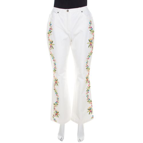 Cotton Stretch Denim Floral Embroidered Detail Flared Trousers M - Escada - Modalova