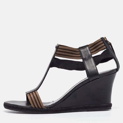 Brown Leather and Elastic T-Strap Wedge Sandals Size 41 - Fendi - Modalova