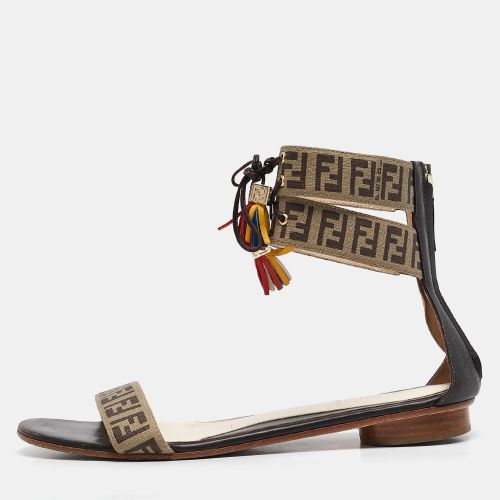 Tobacco Zucca Canvas and Leather Ankle Strap Flat Sandals Size 37.5 - Fendi - Modalova