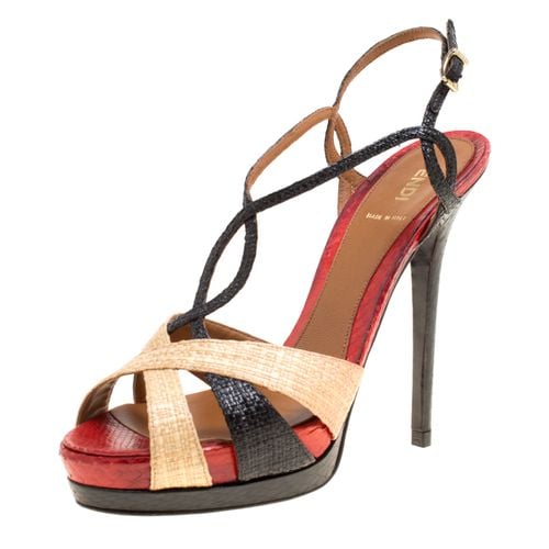 Tri Color Raffia and Snakeskin Strappy Slingback Platform Sandals Size 39 - Fendi - Modalova