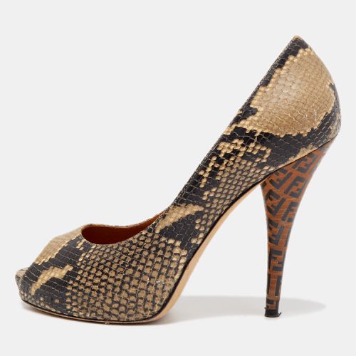 Brown Python Embossed Leather Peep Toe Pumps Size 39.5 - Fendi - Modalova