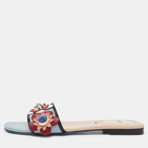 Blue Leather Flowerland Open Toe Flat Slides Size 36.5 - Fendi - Modalova