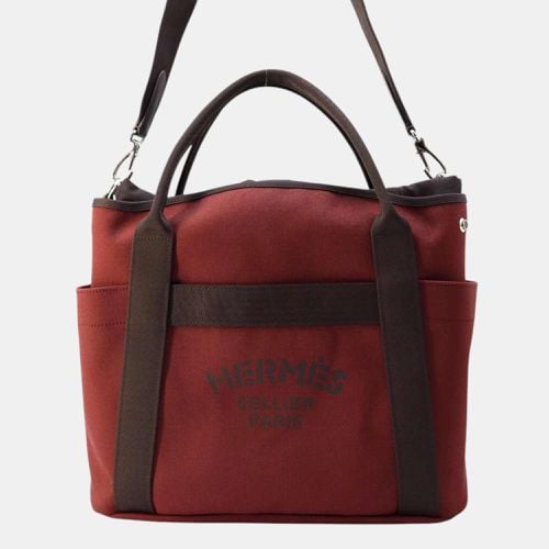 Rouge H/Chocolat Toile Chevrons Canvas Leather Sacked Pansage bag - Hermes - Modalova