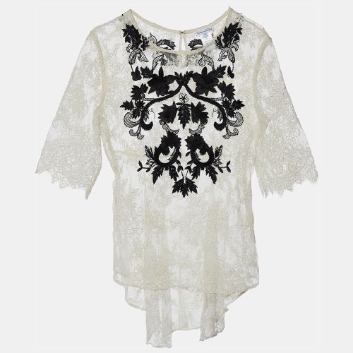 Lace Contrast Embroidery High Low Hem Top M - Oscar de la Renta - Modalova