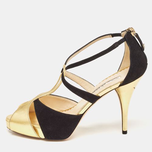 Gold/ Leather and Suede Ankle Strap Sandals Size 36.5 - Oscar de la Renta - Modalova