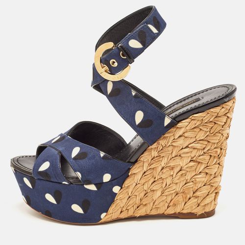 Navy Printed Fabric Espadrille Wedge Ankle Wrap Sandals Size 38 - Louis Vuitton - Modalova