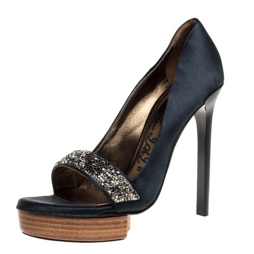 Dark Satin Crystal Embellished Open Toe Platform Pumps Size 36 - Lanvin - Modalova