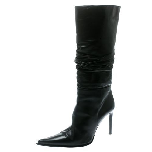 Leather Rucched Detail Calf Length Pointed Toe Boots Size 38 - Le Silla - Modalova