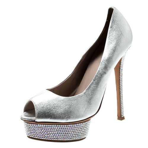 Metallic Leather Crystal Embellished Platform Peep Toe Pumps Size 38 - Le Silla - Modalova