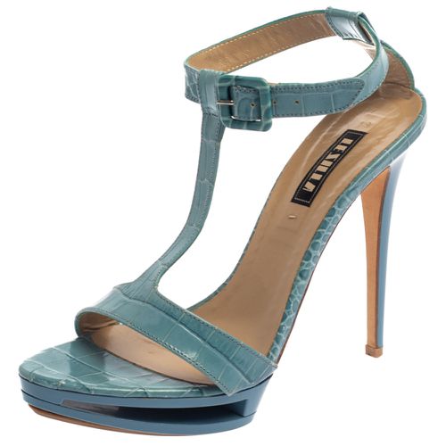 Croc Embossed Leather Embossed T-Strap Platform Sandals Size 37 - Le Silla - Modalova