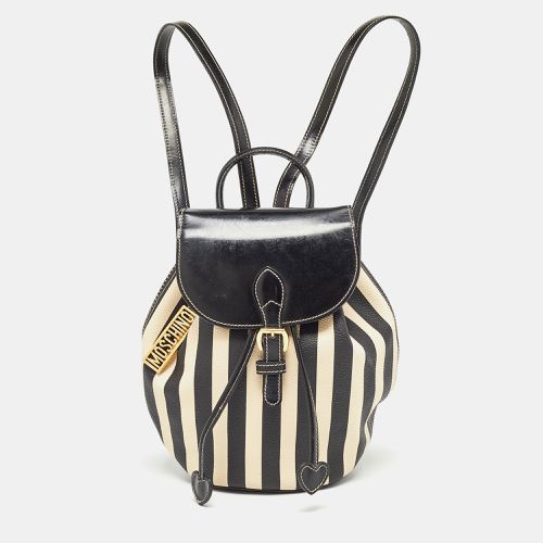 Cream Coated Canvas Striped Mini Drawstring Backpack - Moschino - Modalova