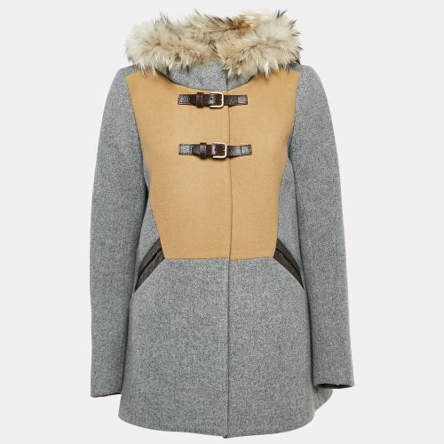 Wool Buckle Detail Fur Hooded Coat M - Maje - Modalova