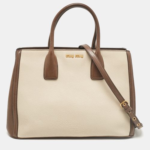 Beige Madras Leather Bicolor Tote - Miu Miu - Modalova