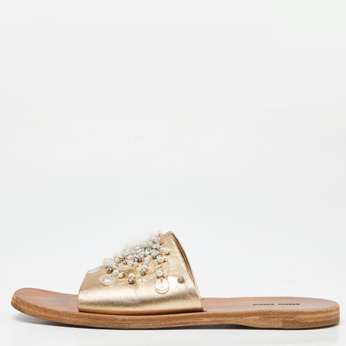 Leather Crystal Embellished Open Toe Flat Slides Size 40 - Miu Miu - Modalova