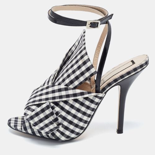 Black/ Fabric Gingham Ankle Wrap Peep Toe Sandals Size 38.5 - N21 - Modalova