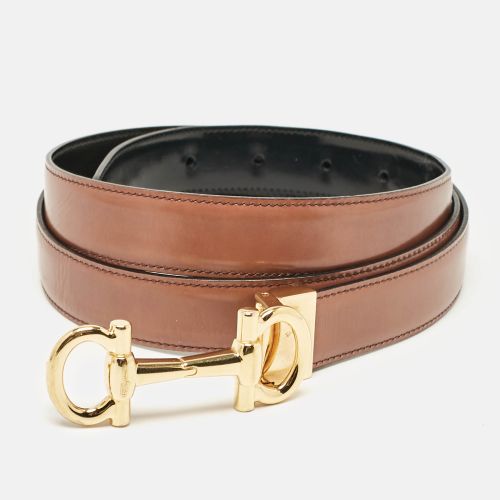 Brown Glossy Leather Double Gancini Reversible Cut to Size Belt - Salvatore Ferragamo - Modalova