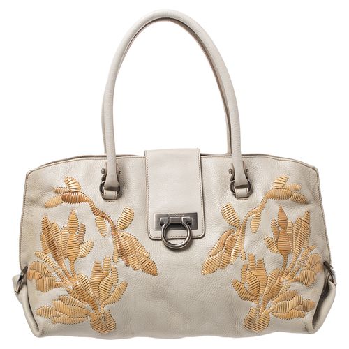 Ivory Embroidered Leather Sofia Satchel - Salvatore Ferragamo - Modalova