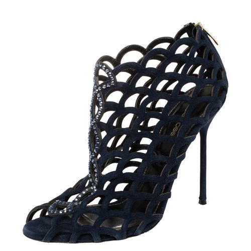 Suede Crystal Embellished Scalloped Peep Toe Caged Booties Size 39 - Sergio Rossi - Modalova