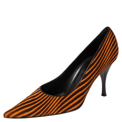 Orange/ Stripes Print Pony Hair Pointed Toe Pumps Size 41 - Sergio Rossi - Modalova