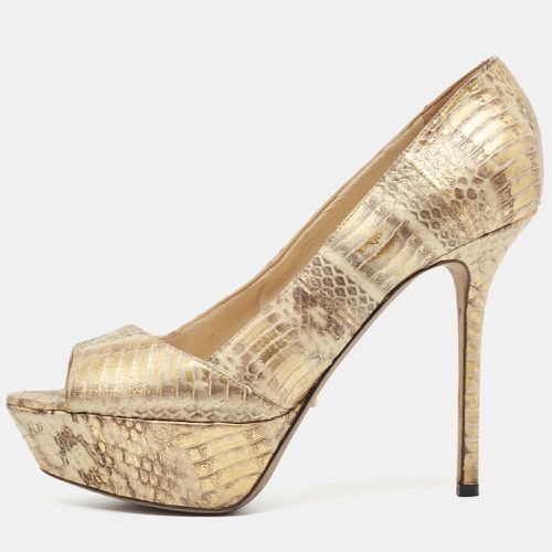 Beige/ Water Snake Embossed Leather Peep Toe Pumps Size 38.5 - Sergio Rossi - Modalova