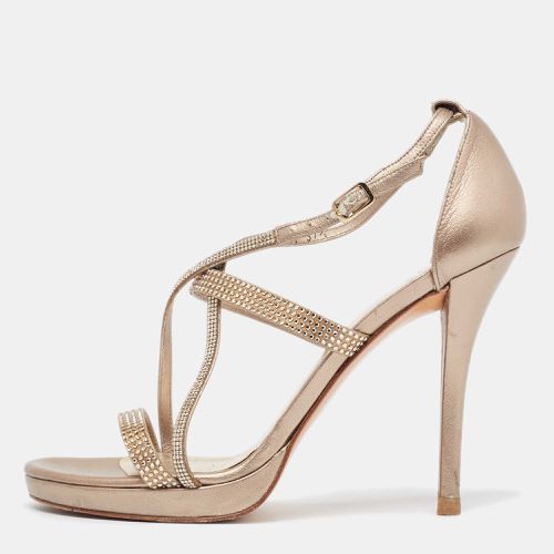 Gold Leather Crystal Embellished Ankle Strap Sandals Size 37.5 - Stuart Weitzman - Modalova