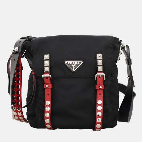 Red Leather and Nylon New Vela Studded Messenger Bag - Prada - Modalova