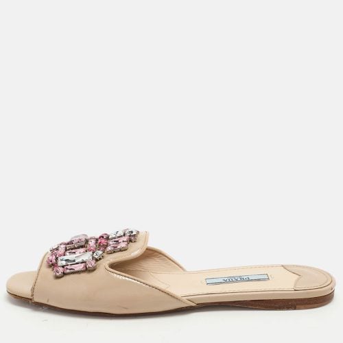 Saffiano Patent Leather Embellished Flat Slides Size 36 - Prada - Modalova