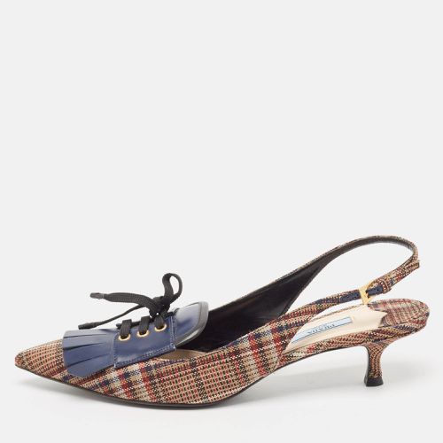 Brown/ Plaid Canvas and Leather Fringe Detail Lace Up Slingback Pumps Size 41 - Prada - Modalova