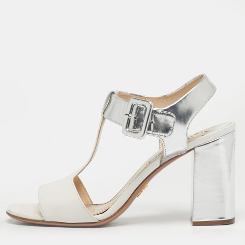 Silver Leather Block Heel Ankle Strap Sandals Size 38 - Prada - Modalova