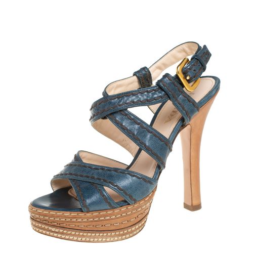 Blue And Tan Leather Stitch Detail Cross Strap Platform Sandals Size 36 - Prada - Modalova