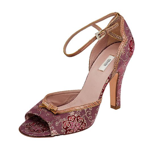 Brown Brocade Fabric And Lizard Leather Ankle Strap Sandals Size 38 - Prada - Modalova