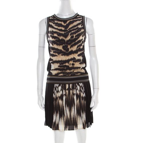 And Brown Animal Printed Silk Pleated Sleeveless Dress S - Roberto Cavalli - Modalova